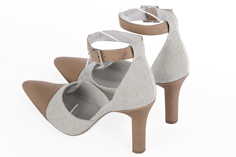 Tan beige and pearl grey women's open side shoes, with a strap around the ankle. Tapered toe. Very high kitten heels. Rear view - Florence KOOIJMAN